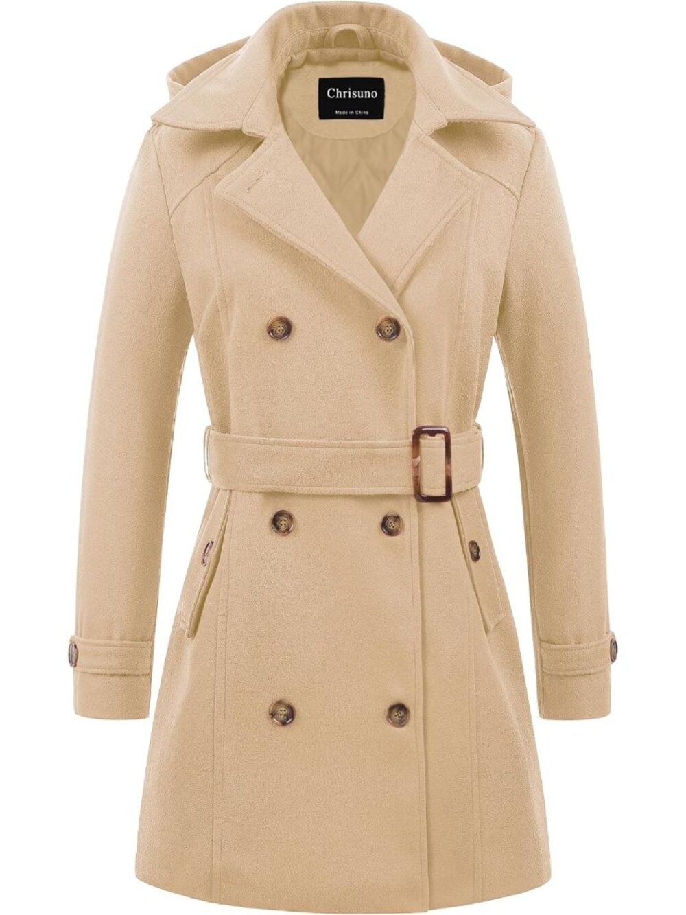 Women's Khaki Detachable Hood Long Double Breasted Belted Mid-Length Trench Coat